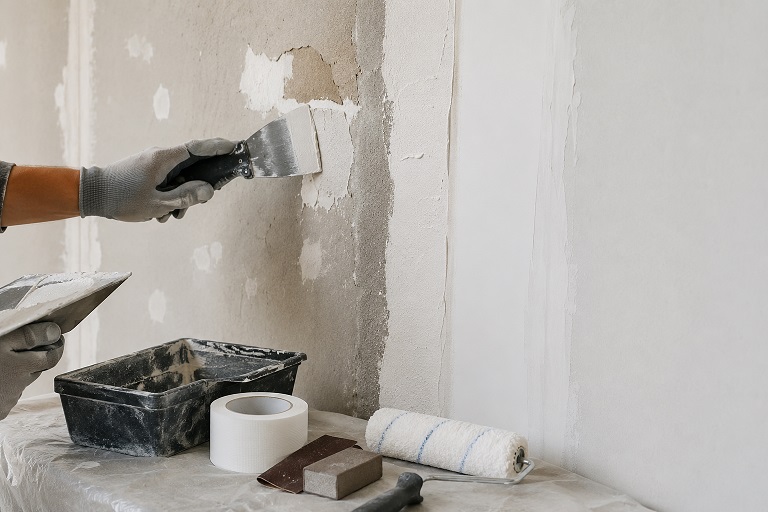 Application d'enduit de lissage au couteau sur un mur fissuré